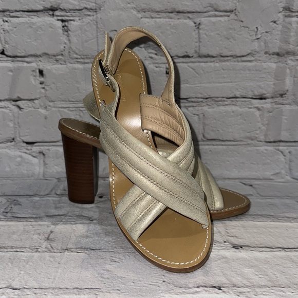 J CREW Gold Leather Sandals Block Heel Marcie Criss Cross Metallic - Picture 2 of 8